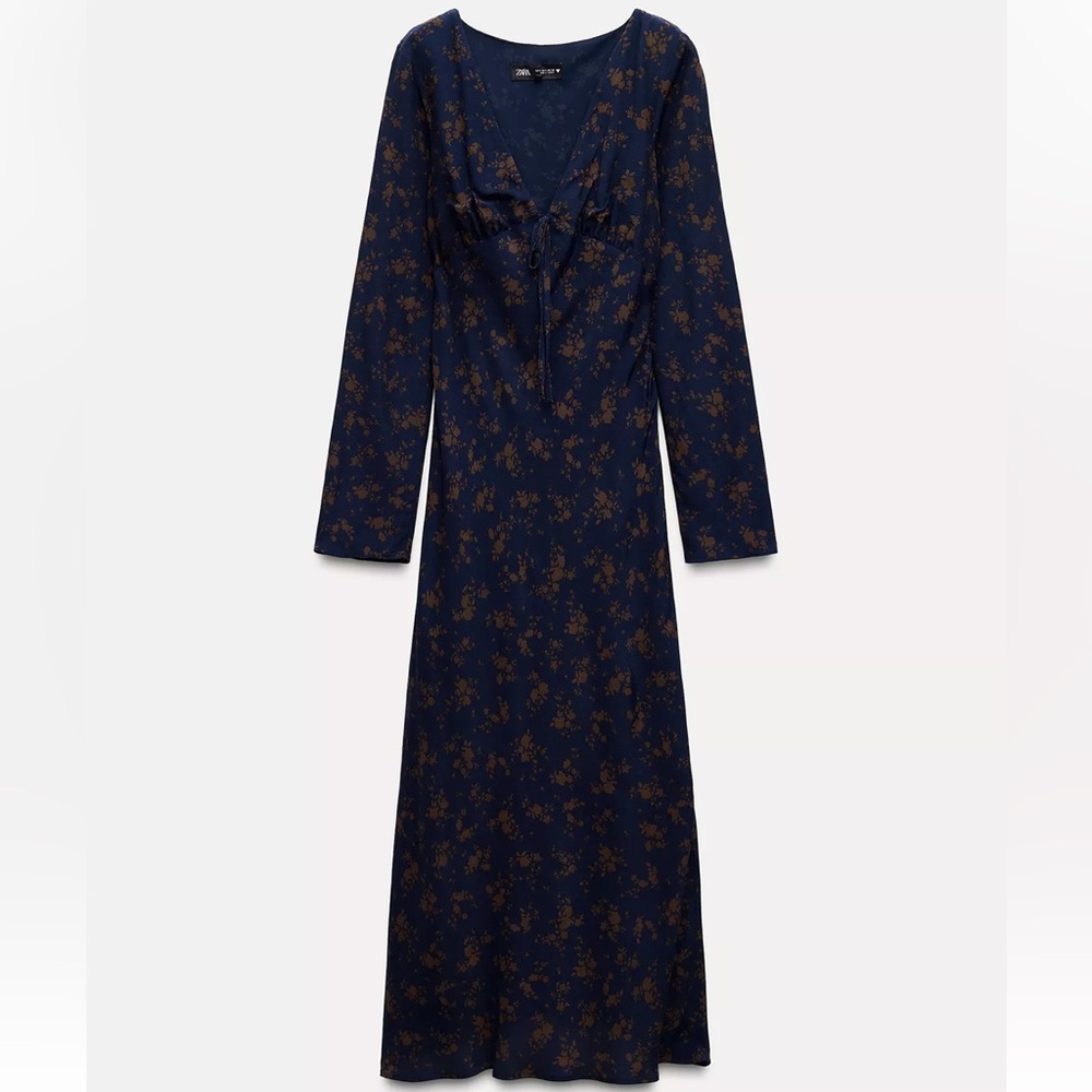 Zara Navy and Brown Floral Long Sleeve Dress